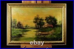 Vintage oil painting on canvas, landscape/rural scene 1930s Signed by artist
