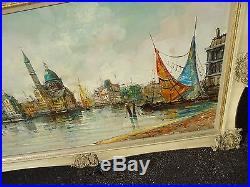 Vintage oil painting on canvas signed, water buildings scenery, very large