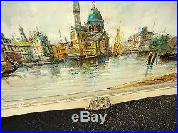 Vintage oil painting on canvas signed, water buildings scenery, very large