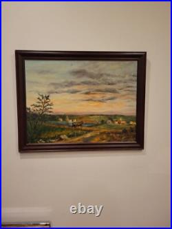 Vintage oil painting signed by jean b. Egan framed late view in amish country pa