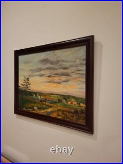 Vintage oil painting signed by jean b. Egan framed late view in amish country pa