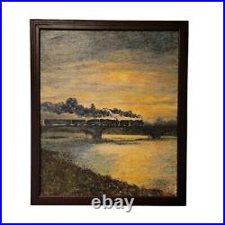 Vintage oil painting signed jean began steam train bridge sunset 24x20 framed