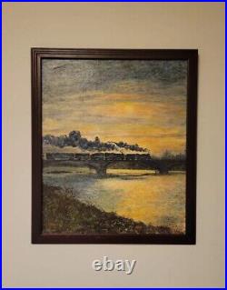 Vintage oil painting signed jean began steam train bridge sunset 24x20 framed
