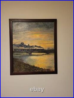 Vintage oil painting signed jean began steam train bridge sunset 24x20 framed