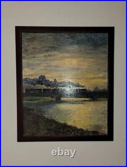 Vintage oil painting signed jean began steam train bridge sunset 24x20 framed