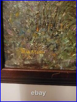 Vintage oil painting signed jean began steam train bridge sunset 24x20 framed