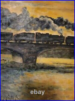 Vintage oil painting signed jean began steam train bridge sunset 24x20 framed