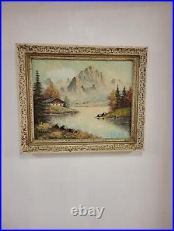 Vintage oil painting signed s. Brandle, mountain landscape with lake &