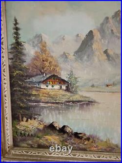 Vintage oil painting signed s. Brandle, mountain landscape with lake &