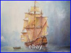Vintage old PAINTING oil sea galleon fighting ship signed