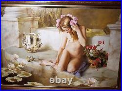 Vintage old nude woman-girl oil painting. Listed artist D. Kalyuzhniy SIGNED
