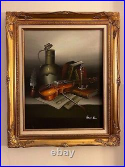 Vintage original Frank Lean oil painting Still Life Violin Books signed Framed