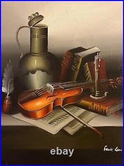 Vintage original Frank Lean oil painting Still Life Violin Books signed Framed