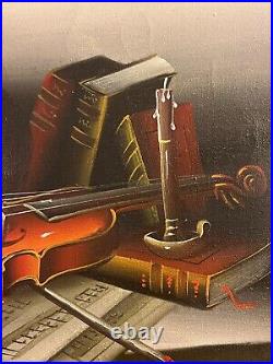 Vintage original Frank Lean oil painting Still Life Violin Books signed Framed