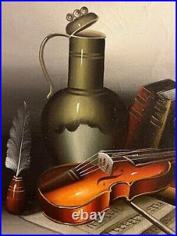 Vintage original Frank Lean oil painting Still Life Violin Books signed Framed