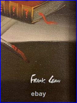 Vintage original Frank Lean oil painting Still Life Violin Books signed Framed
