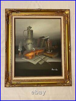 Vintage original Frank Lean oil painting Still Life Violin Books signed Framed