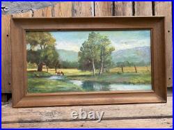 Vintage original landscape oil painting with cow, signed, framed