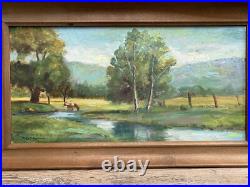 Vintage original landscape oil painting with cow, signed, framed