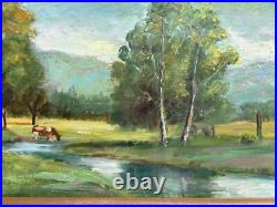 Vintage original landscape oil painting with cow, signed, framed