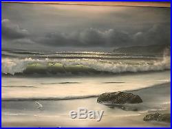Vintage original signed oil painting A. Miller ocean beacon lighthouse coast