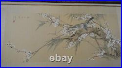 Vintage painting on silk chinese bird floral signed seal mark hand made frame