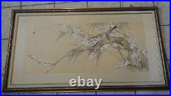 Vintage painting on silk chinese bird floral signed seal mark hand made frame
