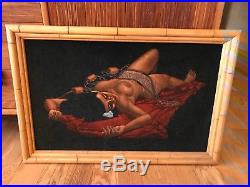 Vintage signed Bill Erwin Honolulu nude Painting on Velvet Bamboo Frame Leeteg