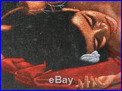 Vintage signed Bill Erwin Honolulu nude Painting on Velvet Bamboo Frame Leeteg