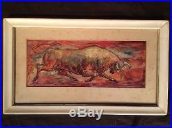 Vintage signed CHARLES BURDICK Charging bull Mixed Media Painting