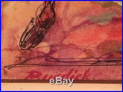 Vintage signed CHARLES BURDICK Charging bull Mixed Media Painting