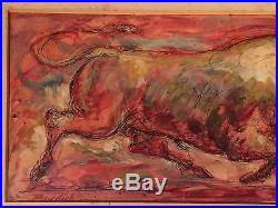 Vintage signed CHARLES BURDICK Charging bull Mixed Media Painting