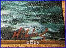 Vintage signed Hills Sailing Ship Rough Seas oil painting Framed