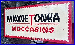 Vintage wood sign Minne Tonka Moccasins Hand Painted Advertising Double Sided