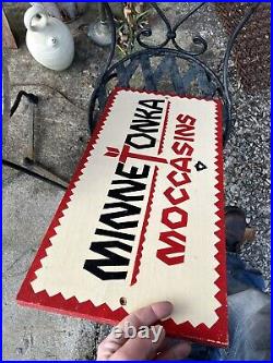 Vintage wood sign Minne Tonka Moccasins Hand Painted Advertising Double Sided