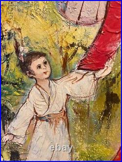 Vtg 1959 Crimson Kimono Mother Daughter Original signed J. Bisard oil painting