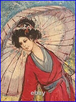 Vtg 1959 Crimson Kimono Mother Daughter Original signed J. Bisard oil painting