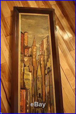 Vtg 1960's Mid Century Modern Artist Signed Painting Cityscape 65.5H x 17.25W
