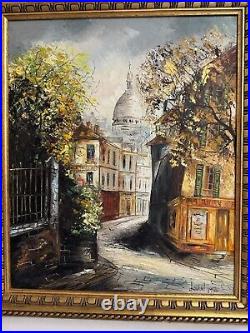 Vtg 1975 Signed Laurent Oil on Canvas Painting French Street Scene Montmartre