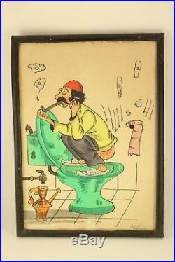 Vtg 1977 Persian Humor Iran Comic Watercolor Painting Bathroom Art Hayro Signed