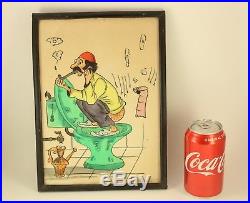 Vtg 1977 Persian Humor Iran Comic Watercolor Painting Bathroom Art Hayro Signed