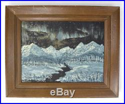 Vtg 60s Framed Northern Lights Aurora Borealis Signed Oil Painting Alaska Night