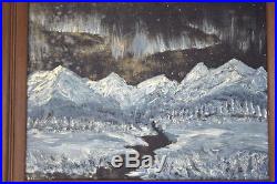 Vtg 60s Framed Northern Lights Aurora Borealis Signed Oil Painting Alaska Night