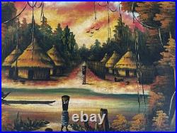 Vtg 60s MCM orig. African Village Sunset Painting 36x21.5 Signed