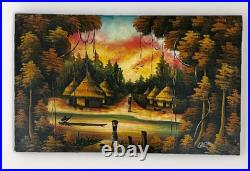 Vtg 60s MCM orig. African Village Sunset Painting 36x21.5 Signed