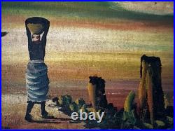 Vtg 60s MCM orig. African Village Sunset Painting 36x21.5 Signed
