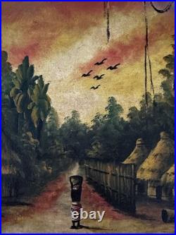 Vtg 60s MCM orig. African Village Sunset Painting 36x21.5 Signed