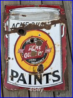 Vtg ACME Quality Paints Enamels Advertising Porcelain Sign Flange Double Sided