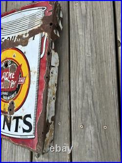 Vtg ACME Quality Paints Enamels Advertising Porcelain Sign Flange Double Sided
