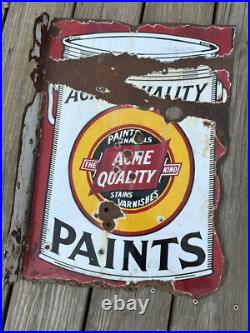 Vtg ACME Quality Paints Enamels Advertising Porcelain Sign Flange Double Sided